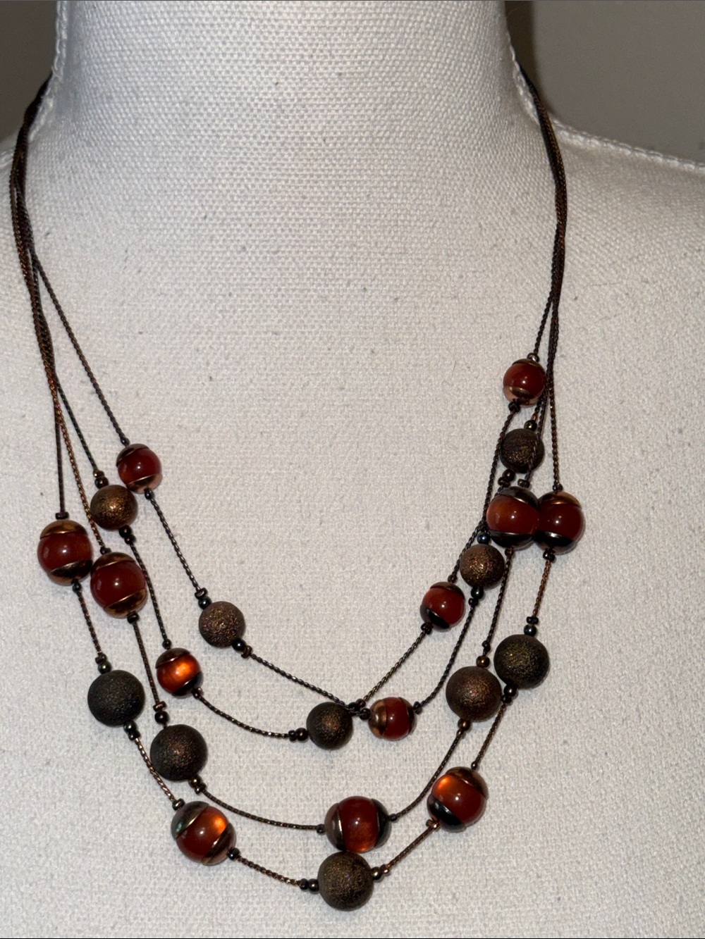Multi-Strand Brown and Amber Beaded Necklace - 23” length